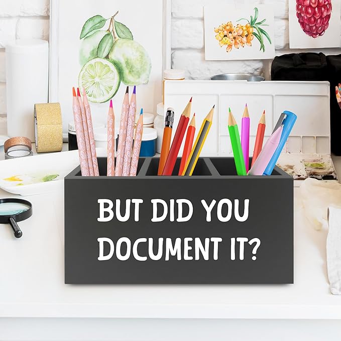 Funny But Did You Document It Black Pen Pencil Holder Organizer for Desk, HR Human Resources Gifts, Office Humor Gifts, Wooden Box Sign for Office Workplace Desk Tabletop Decorations