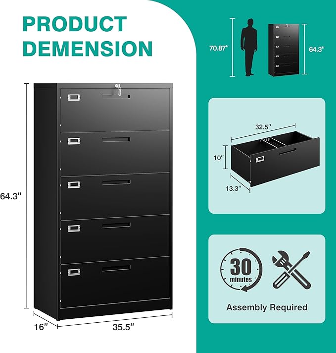 SISESOL 5 Drawer Lateral File Cabinet with Lock,Black Lateral Filing Cabinet,Horizontal Metal Filing Cabinets,Large Locked Wide Five Drawer File Cabinets for Office Home,Fit A4/F4/Letter/Legal File