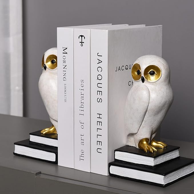 Book Ends for Shelves, Owl Decorative Bookends Bronze Bird Book Stopper Unique Kids Book Holders with Anti-Slip Base Luxurious Bookends for Kids Rooms Office Home Decor(White)