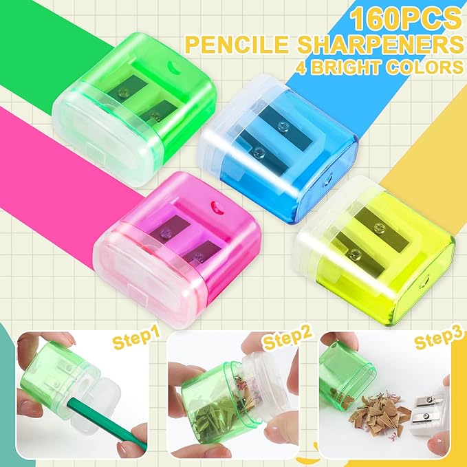 160 Piece Pencil Sharpener Bulk, Manual Dual Holes Pencil Sharpeners for Kids, 4 Colorful Handheld Pencil Sharpeners with Lid Portable Compact for School Supplies Classroom Office Students Home