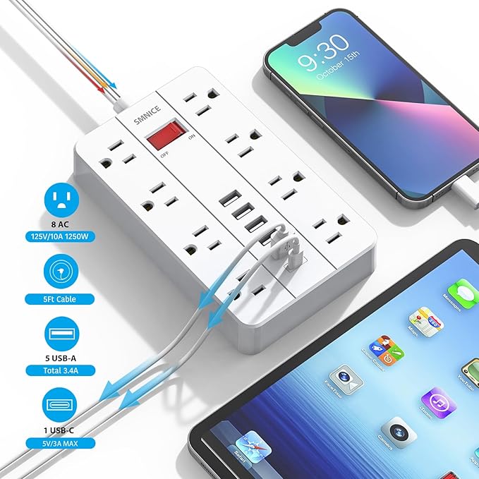 Power Strip with USB,Surge Protector Flat Plug with 8 Widely Spaced Outlets and 6 USB Ports(1 USB C), 5ft Extension Cord Wall Mountable Phone Tablet Laptop Computer Multiple Devices