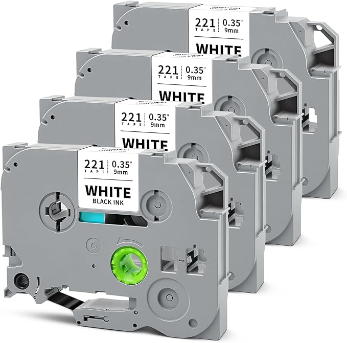 Tze221 9mm 0.35" Laminated White Tape Compatible for Brother 9mm Label Tape Tze-221 Tz-221 P Touch Tz Tze 9mm 3/8" Black on White Label for PTH110 PTD210 PT-D220 PTD400 PT-D610BT, 4-Pack