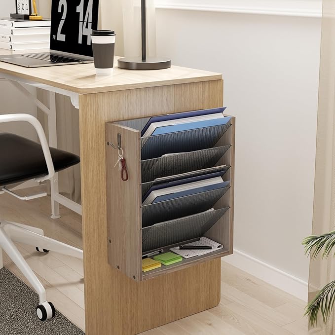 Hanging Wall File Organizer, 6 Tier Wood Wall File Holder with 2 Hooks, Mail Organizer Wall Mounted with Bottom Flat Tray, Vertical Paper Desk Storage for Office, Home, Greige