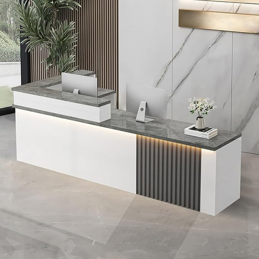 L-Shaped Receptionist Desk，Office Front Desk Reception Counter with Hidden Lighting & Storage Drawer Commercial Checkout Counter Sturdy for Salon Clinic Clothing Store