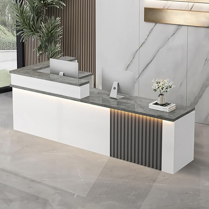 L-Shaped Receptionist Desk，Office Front Desk Reception Counter with Hidden Lighting & Storage Drawer Commercial Checkout Counter Sturdy for Salon Clinic Clothing Store