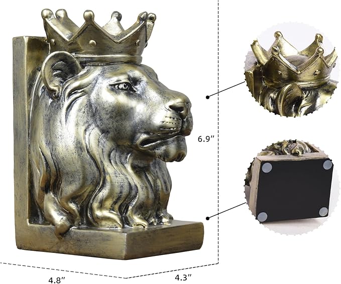 Vintage Gold Lion Book Ends,Animal Decorative Bookends,Resin Book Holder,Luxurious Book Ends for Shelves Rooms Office Home Decor,Unique Book Lover Gift(Gold Lion)
