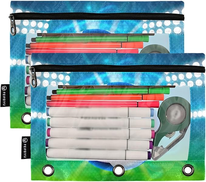 Soccer Ball on Field Pencil Pouch for 3 Ring Binder, 2 Pack Waterproof Pencil Bags Clear Window Zipper School Office Supplies