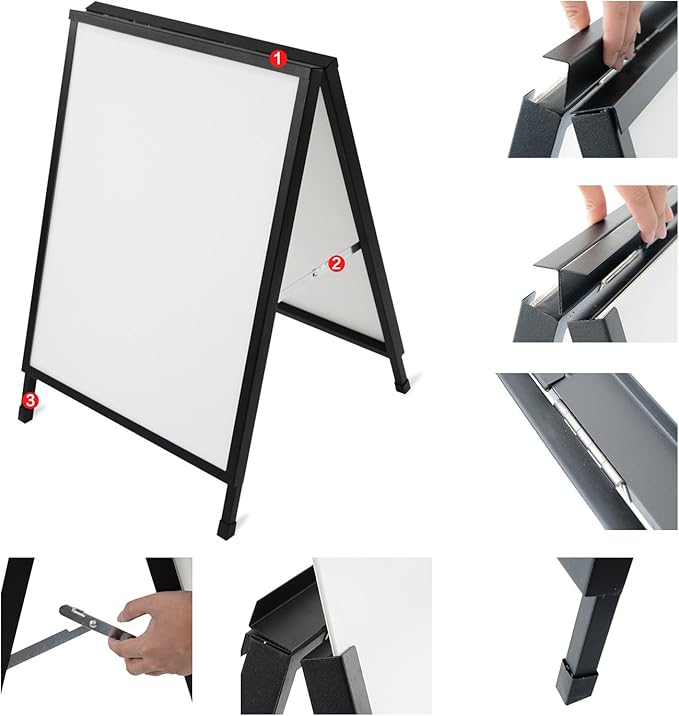 T-SIGN Outdoor A-Frame Sidewalk Sign 22x28 Inch Sandwich Board, Black Coated Steel Metal Double-Sided, Heavy Duty Slide-in Folding Frame Sign Holder, 2 Corrugated Plastic Poster Boards, Display Stand