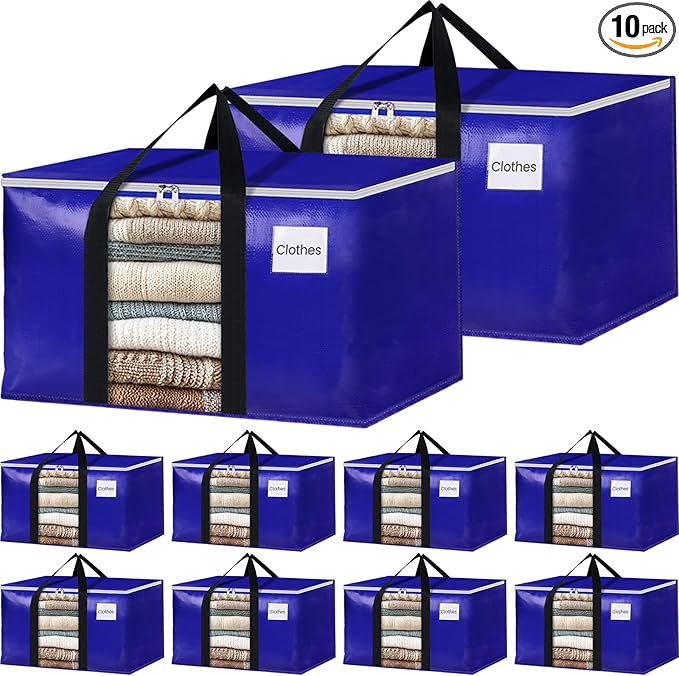 BlissTotes 10 Pack Moving Bags with Clear Window, Storage Bags with Strong Carrying Handles & Zippers,Large Packing Bags for Saving Space, Alternative to Moving Boxes(Blue,33 Gallon)