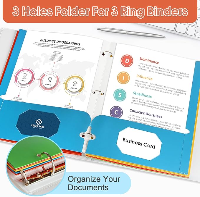 Folders with Pockets, 2 Paper Folders with Pockets (10 Pack, Assorted Colors), File Folders Letter Size, 3 Hole Punched with Business Card Slot, File Folders for School Office Home Documents