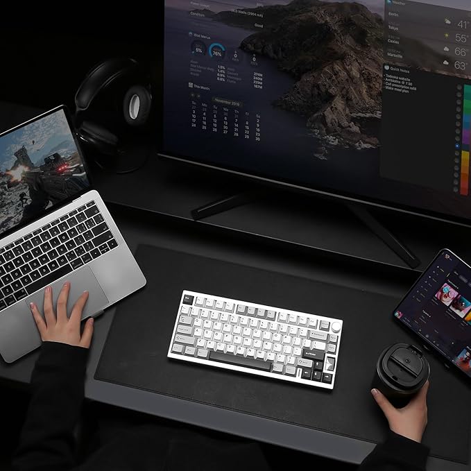 YUNZII AL80 Wireless Mechanical Keyboard,Full Aluminum CNC, Smart LCD Display,Hot Swappable Gasket Mount 75% Layout with Knob,BT/2.4G/USB-C,QMK/VIA Support for Win/Mac (Silver, Cocoa Cream V2 Switch)