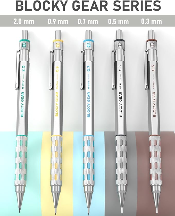 Nicpro 36PCS Blocky Gear Mechanical Pencil Set with Case, Metal Mechanical Pencils 0.3, 0.5, 0.7, 0.9, 2mm Lead Holder for Art Drawing Sketching with 21 Tubes (6B 4B 2B HB 2H 4H Colors) Lead Refills