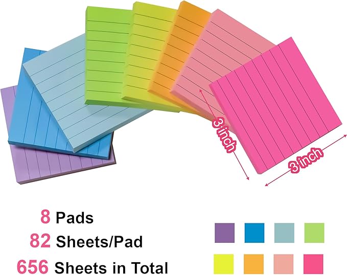 8 Pads Lined Sticky Notes 3x3 inch Self-Stick Notes Bright Colors Sticky Note for Office Home School