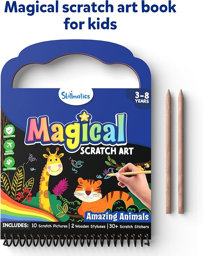 Skillmatics Scratch Art Book for Kids - Animals, Craft Kits & Supplies, 30+ Scratch Stickers, Stocking Stuffers, Travel Toys, DIY Kit, Christmas Gifts for Boys & Girls Ages 3, 4, 5, 6, 7, 8