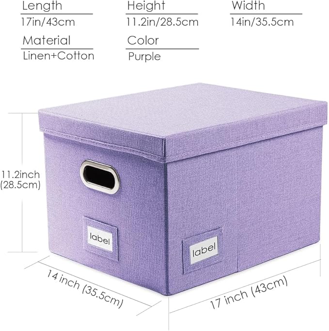PRANDOM File Organizer Box - Set of 4 Collapsible Decorative Linen Filing Storage Hanging File Folders with Lids Office Cabinet Letter/Legal Size Purple 17.1x14x11.1 inch
