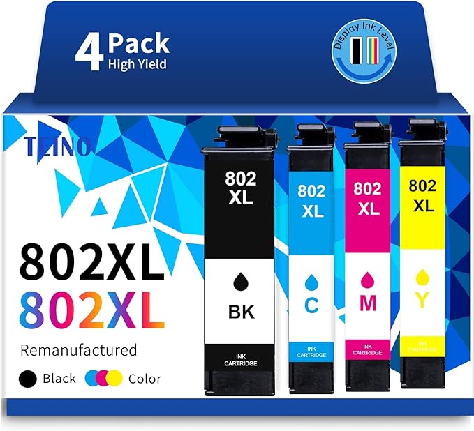 TEINO 802XL Ink Cartridges Combo Pack for Epson Printer Remanufactured Replacement for Epson 802 802XL Ink Cartridges for Epson Workforce Pro WF-4730 WF-4720 WF-4734 WF-4740 EC-4020 EC-4030 (4-Pack)