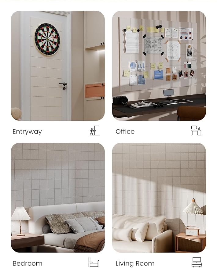 Bumusty Large Cork Board Alternative-47 x35 Felt Bulletin Board Tiles, with 30 Pushpins, 70 Adhesive Tabs, 12-Pack Slat Wall Paneling, Cork Boards for Office Push Pin Board Felt Board-Oatmeal