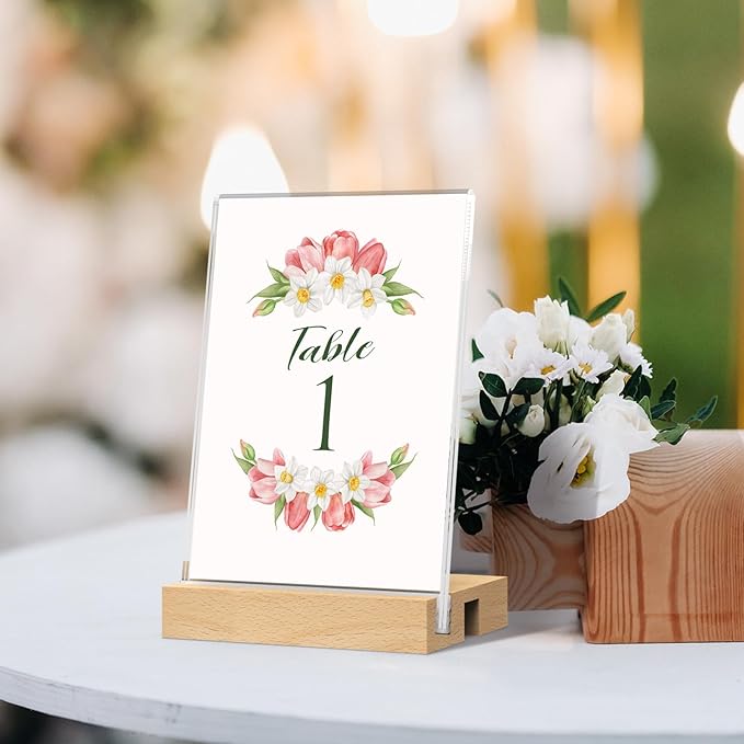 MaxGear L/T Shape Acrylic Sign Holder, 4 X 6 Clear Table Display Stand with Wooden Base, Flyer Menu Holder Photo Frames Paper Stand for Office, Wedding, Restaurants, Hotels 3 Pack