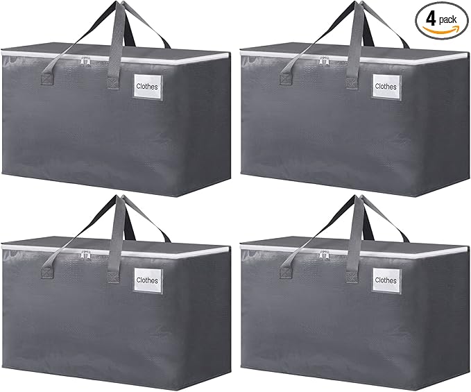 BlissTotes Large Moving Boxes and with Zippers & Handles Moving Supplies with lids, Heavy Duty Totes for Storage Bags for Space Saving, Fold Flat, Moving and Storing 125L, 4 Pack
