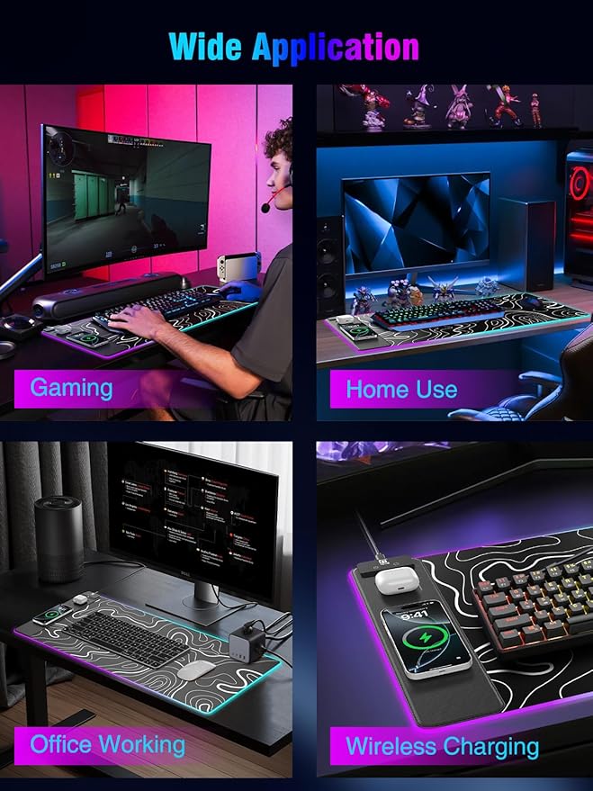 Mouse Pad with Magnetic Wireless Charging, Large Desk Pad Protector, RGB Black Mousepad Desk Mat with 15W Fast Charger, 4mm Thick Non-Slip, Waterproof Laptop Writing Pad for Office, Home, Gaming