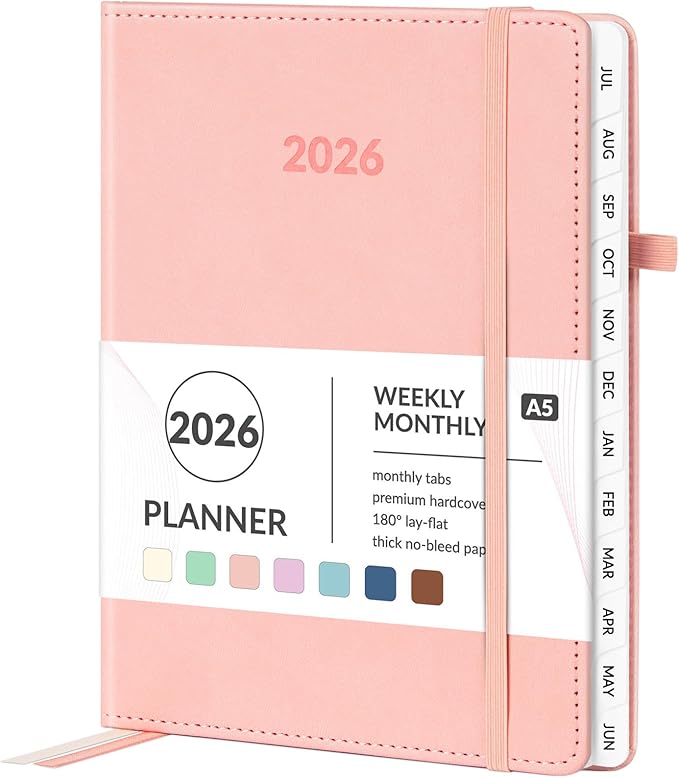 Forvencer 2026 Planner, Weekly Monthly Planners with Month Tabs, 12 Months (Jan 2026 - Dec 2026), A5(5.8"×8.3"), Daily Academic Calendar with Elastic Band, Small Hardcover Agenda, for Teacher, School