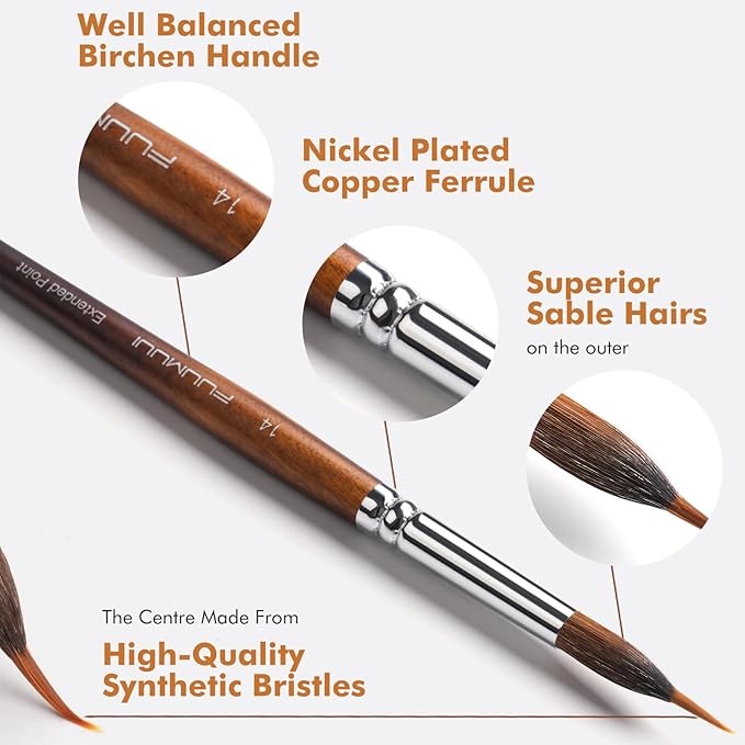 Watercolor Brushes Professional, Fuumuui 9pcs Sable Paint Brushes & Natural Squirrel Mop Brush Set with Extended Needle, Round Point, Flat, Dagger, Quill Wash for Watercolor Gouache Inks