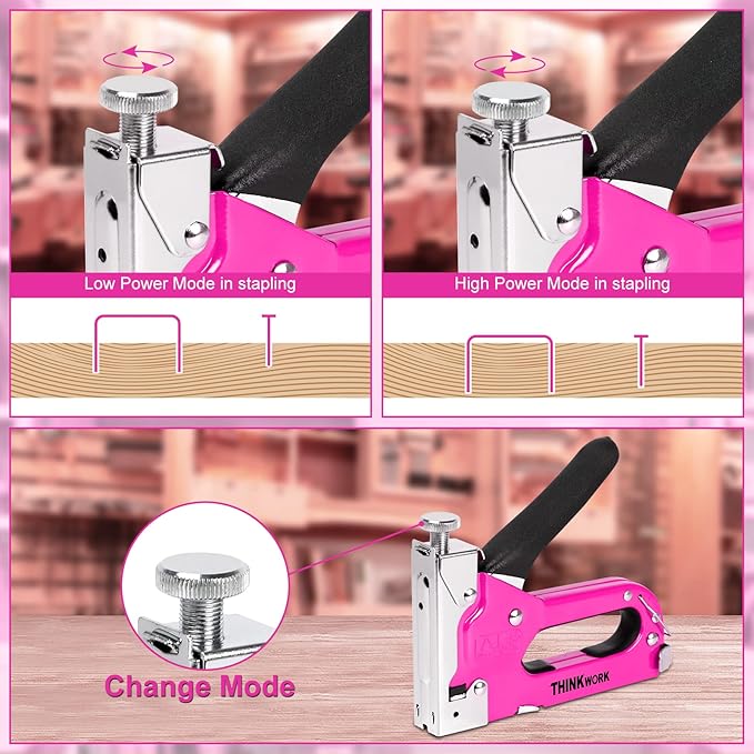 THINKWORK Heavy Duty Staple Gun, 3 in 1 Pink Staple Gun for Upholstery with 900 Staples, Nail Gun for Wood, Cable, Fabric, Wall, Material Repair, DIY Manual Stapler