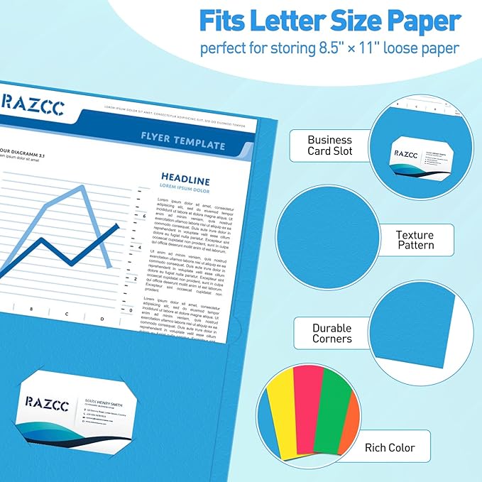 Two Pocket Folders, RAZCC 30 Pack File Folders with Pockets Fit Letter Size Paper, Thick Paper File Folder for School Office Business Home, Assorted 5 Colors