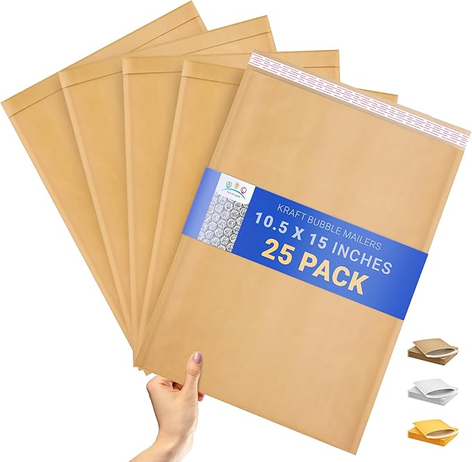 ABC PACK & SUPPLY Brown Kraft Bubble Mailer Envelopes, 10.5 x 15 Inches. 25 Pack Mail Padded Envelopes Self Seal. Kraft Bubble Mailers. Tear-Resistant Mailing Envelope Padded. Sturdy Paper Mailer