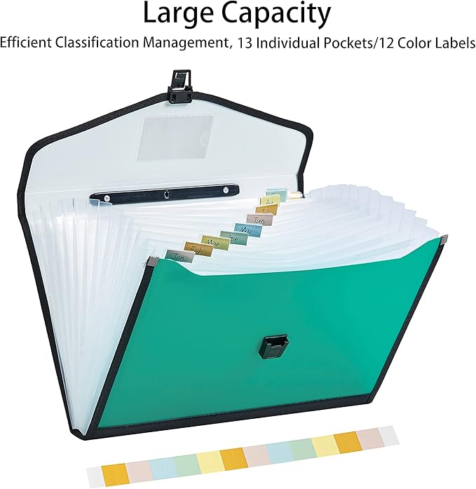 Leagl Size 13-Pockets Expanding File Folder with Handle, Plastic Accordion Filling File Folder Expandable Monthly Portable Paper Document Organizer for Office School & Home (Green)