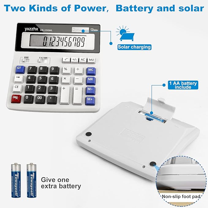 Desk Calculator 12 Digit Extra Large 4.3-Inch LCD Display, Two Way Power Battery and Solar Calculators Desktop, Big Buttons Easy to Press Used as Office Calculators for Desk White