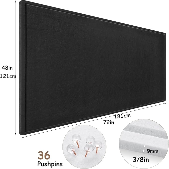 Large Bulletin Board, Foldable 72x48 Inches Cork Board Alternative, Large Felt Board Decorative Pin Board for Wall, Foldable Photo Board Self-Adhesive Vision Board with 36 Pushpins Black