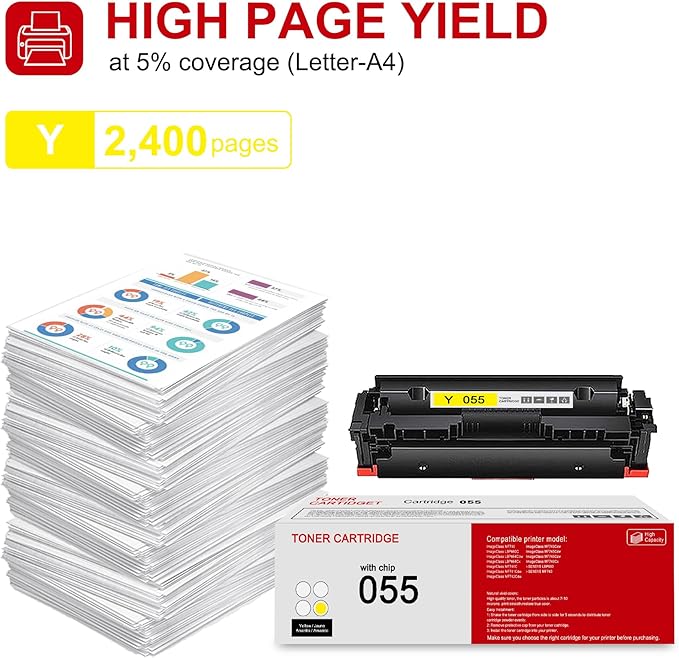 1 Pack 055 3013C001 Yellow Whit chip Toner Cartridge: Compatible CRG 055 3013C001 Replacement for Canon Color ImageClass MF740 LBP660C LBP664Cdw MF740C MF745Cdw i-SENSYS LBP660 MF740 Printer