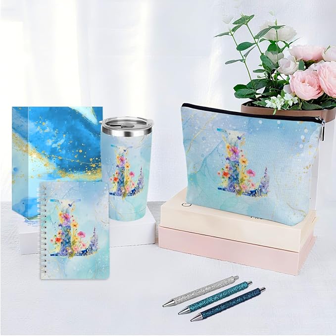 Personalized Gifts Monogrammed Birthday Gifts for Women, Mama New Mom Thanksgiving Wedding Christmas Initial 20 oz Tumbler, Makeup Bag Cup Pens Journal Notebook 6 Set, (Aesthetic Blue Flower L)