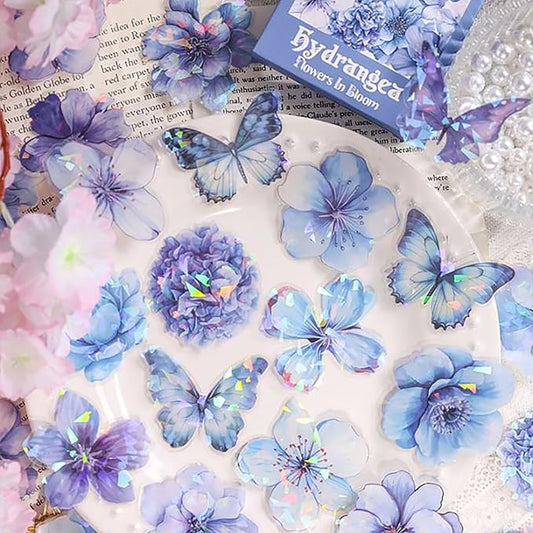 Doraking 60 Pieces Glitter Shiny Flower Stickers for Journaling, Waterproof Decorative Decal for Scrapbooking Supplies Journal Planners Art Crafts Photo Album Decor (Blue)