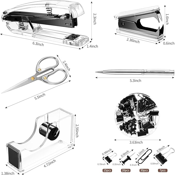 Outus Office Supplies Set Desk Accessory Kit, Acrylic Stapler Set Staple Remover, Tape Dispenser, Binder Clips, Paper Clips, Ballpoint Pen and Scissor with 1000 Pieces 26/6 Staples (Black)