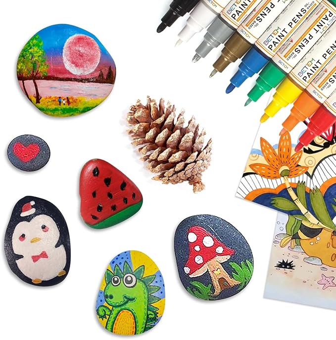 Betem 9 Colors Dual Tip Oil Based Paint Markers Acrylic Paint Pens(0.7mm & 3mm),Permanent,Waterproof,Quick Dry,for Rock Painting,Wood,Plastic,Metal,Canvas,Glass,DIY Crafts,Art Supplies
