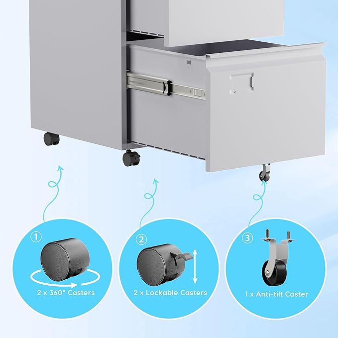 Aobabo 2 Drawer File Cabinet, Lockable Metal Filing Cabinet with Wheels for Home Office, Legal/Letter Size, Required Assembled,White