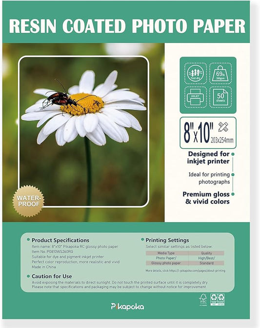 Ultra-Premium Glossy RC Photo Paper, Professional and Heavyweight Metallic Resin Coated Photo Paper, Pigment and Dye Inkjet Printer Suitable, Waterproof, 8x10, 50 Pack