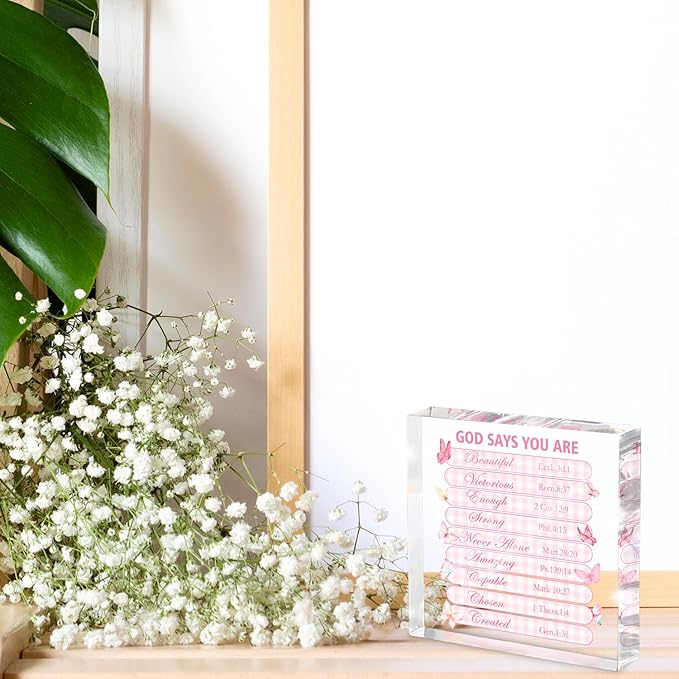 Pink Christian Wall Decor - 4x4 Inch Acrylic Scripture Sign with Butterfly Graphic, Inspirational Bible Verses for Bedroom and Office, Faith-Based Gift for Women