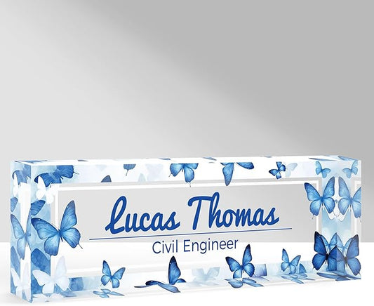 Custom Name Plate for Desk, Personalized Acrylic Office Name Sign with Name & Title, Elegant Desk Decor for Women Men, Employee Appreciation Gift (Blue Butterfly)