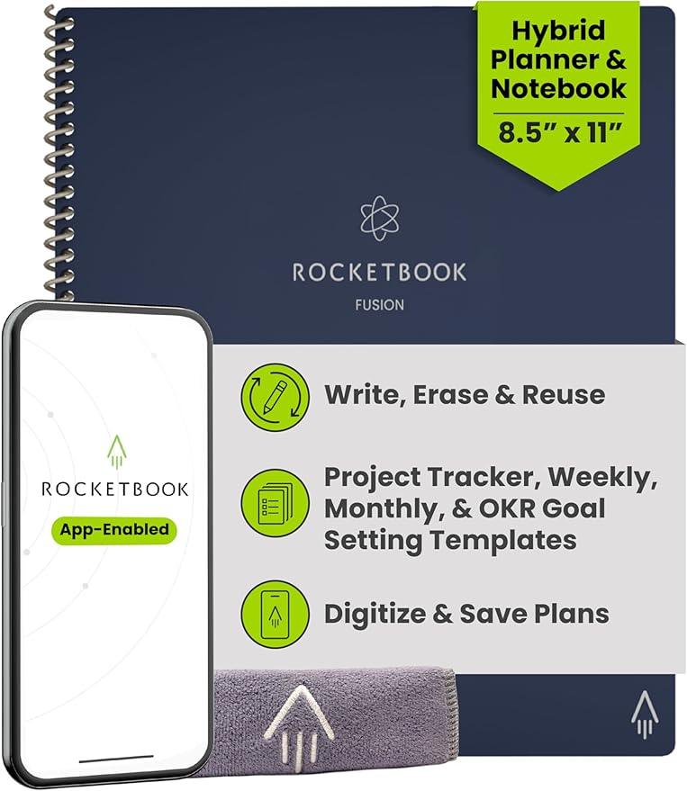 Rocketbook Fusion Hybrid Reusable Planner and Notebook in One, Additional Blank Pages, Goal and Project Tracker, Undated Planner, Letter Size 8.5x11, Blue (Pack of 1)