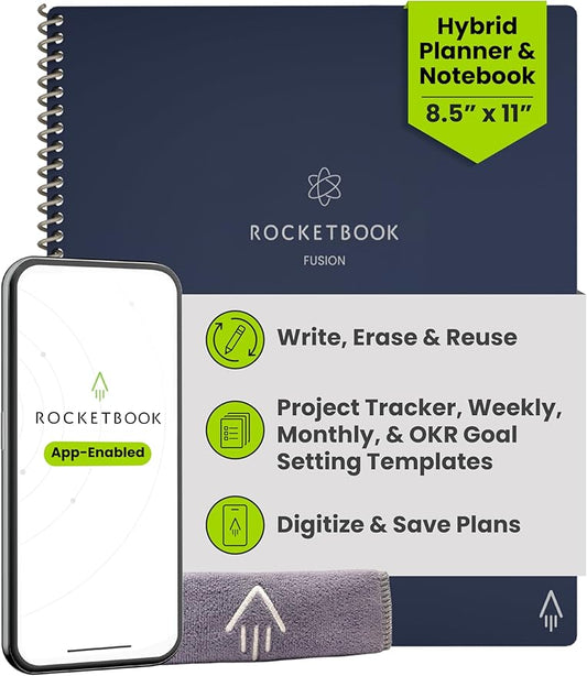 Rocketbook Fusion Hybrid Reusable Planner and Notebook in One, Additional Blank Pages, Goal and Project Tracker, Undated Planner, Letter Size 8.5x11, Blue (Pack of 1)