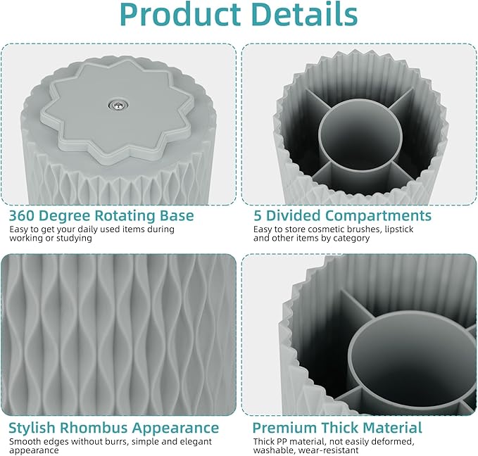 Grey Pen Holder for Desk, 360 Degree Rotating Desk Organizer with 5 Compartments, Pen Pencil Makeup Brush Holder, Cosmetics Lipsticks Pen Organizer for Home Office School