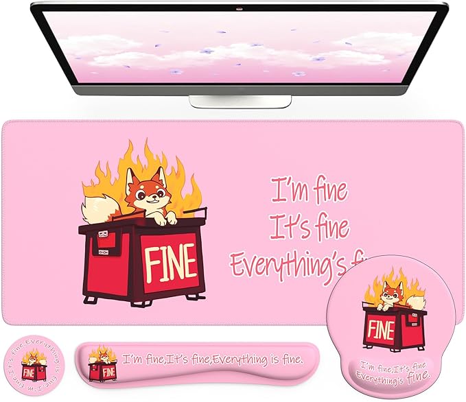 iCasso Desk Mat Set,Ergonomic Wrist Rest for Keyboard and Mouse,Funny Dumpster Fire Desk Accessories,Cute Pink Mouse Pad for Women Girl, Non-Slip Desk Protector Mat for Office Home Dorm