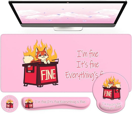 iCasso Desk Mat Set,Ergonomic Wrist Rest for Keyboard and Mouse,Funny Dumpster Fire Desk Accessories,Cute Pink Mouse Pad for Women Girl, Non-Slip Desk Protector Mat for Office Home Dorm