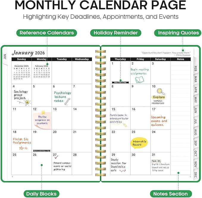 2026 Planner, Weekly and Monthly Calender Planner, Jan 2026 to Dec 2026, Hardcover 2026 Calendar Planner Book with Tabs & Inner Pocket, Office Home School Supplies for Women & Men - A4 (8.5" x 11"), Racing Green