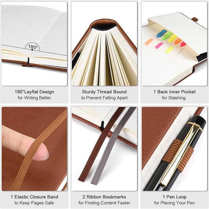 Lined Notebook Journal for Women, 312 Numbered Pages A5 Thick Leather Journal, 100gsm Paper Daily Journal for Work Travel, Hardcover College Ruled Notebook, Giftable Butterfly Floral Notebook, Brown