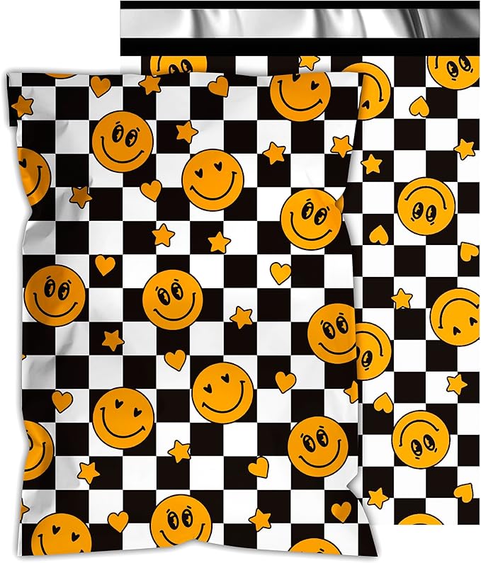 Poly Mailers 10x13 Inch 100 Pcs - Smiles Checkerboard Printed Shipping Bags, 2.4mil Thickness, Waterproof and Tear Resistant Mailing Envelopes, Self-Sealing Packaging Bags for Small Business