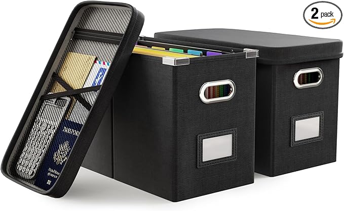 Oterri File Organizer Box with Lid, Hanging Filing File Box with Mesh Pocket, Document Organizer Box for Letter Files, Portable Storage Box with Smooth Sliding Rail for Office&Home (2 PCS, Black)